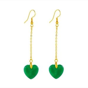 Green Heart Jadeite Gemstone Gold Hook Long Drop Dangling Earrings
